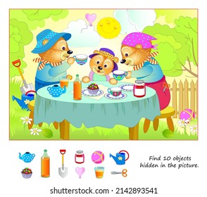 Logic puzzle game for kids. Find 10 objects hidden in the picture. Cute bear family at breakfast. Educational page for children. Play online. IQ test. Task for attentiveness. Vector illustration.