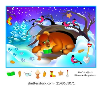 Logic puzzle game for kids. Find 8 objects hidden in the picture. Fisherman catches fish. Educational page for children. Play online. IQ test. Task for attentiveness. Cartoon vector illustration.