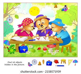 Logic puzzle game for kids. Find 10 objects hidden in the picture. Cute bears learning at forest school. Educational page for children. Play online. IQ test. Task for attentiveness. Vector image.