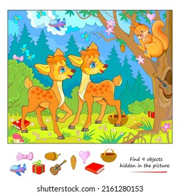 Logic puzzle game for kids. Find 9 objects hidden in the picture. Cute little deer playing in forest. Educational page for children. Play online. IQ test. Task for attentiveness. Vector illustration.