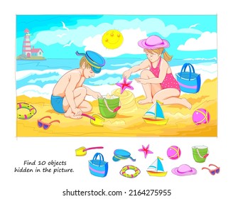 Logic puzzle game for kids. Find 10 objects hidden in the picture. Little children playing on the beach in summer. Educational page. Play online. IQ test. Task for attentiveness. Vector illustration.