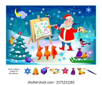 Logic puzzle game for kids. Find 8 objects hidden in the picture. Funny Santa Claus painting winter forest. Educational page. Play online. IQ test. Task for attentiveness. Vector illustration.