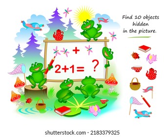 Logic puzzle game for kids. Find 10 objects hidden in the picture. Cute frogs learning in school. Educational page. Play online. IQ test. Task for attentiveness. Vector illustration.