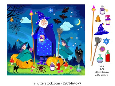 Logic puzzle game for kids. Find 10 objects hidden in the picture. Little witches and wizard celebrate Halloween. Educational page. Play online. IQ test. Task for attentiveness. Vector illustration.