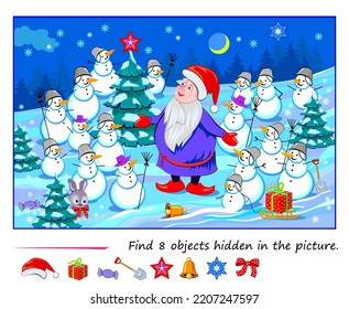 Logic puzzle game for kids. Find 8 objects hidden in the picture. Funny Santa Claus with snowmen in winter forest. Educational page. Play online. Task for attentiveness. Vector illustration.