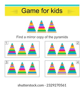 Logic puzzle game for kids. Find the correct mirror image of the pyramids. Vector illustration. 