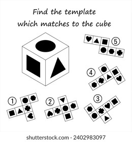 Logic puzzle game for kids. Find the template which matches to the cube. 3D maze. Printable worksheet for brain teaser book. Developing spatial thinking. IQ test.