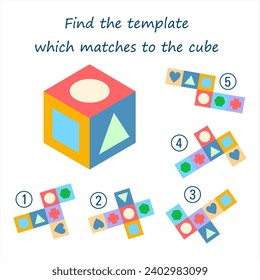 Logic puzzle game for kids. Find the template which matches to the cube. 3D maze. Printable worksheet for brain teaser book. Developing spatial thinking. IQ test.