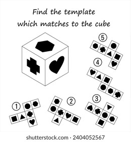Logic puzzle game for kids. Find the template which matches to the cube. 3D maze. Printable worksheet for brain teaser book. Developing spatial thinki