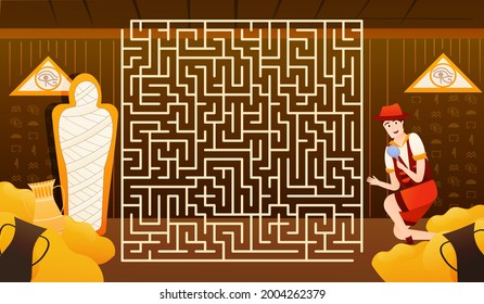 Logic puzzle game for kids, help archaeologist to find way to the mummy in pyramid, ancient egypt concept, explorer