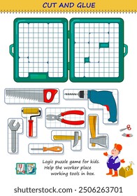 Juego de puzzle de lógica para niños. Ayude al trabajador a colocar las herramientas de trabajo en la caja. Usa unas tijeras para cortar y pegar los artículos. Página educativa para niños. Habilidades de corte y trabajo manual. Imagen de Vector.