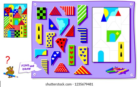 Logic puzzle game for kids with image for coloring book. Need to find the place for all details and paint the picture. Worksheet for school textbook. Development of children spatial thinking skills. 