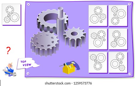 Logic puzzle game for kids. Need to find correct top view of gears. Worksheet for school textbook. Development of children spatial thinking skills. Vector cartoon image.