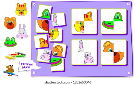 Logic puzzle game for kids. Need to find the place for each detail and paint animals heads. Worksheet for school textbook. Back to school. Development of children spatial thinking skills. Vector carto