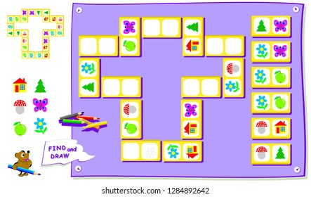 Logic puzzle game for kids. Need to find the place for each domino detail and draw objects. Worksheet for school textbook. Back to school. Development of children spatial thinking skills. Vector carto