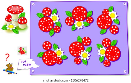 Logic puzzle game for kids. Need to find correct top view of mushrooms. Printable page for school textbook. Development of children spatial thinking skills. Vector cartoon image.