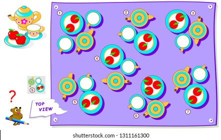 Logic puzzle game for kids. Need to find correct top view of dishes. Printable page for school textbook. Development of children spatial thinking skills. Vector cartoon image.