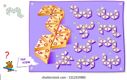 Logic puzzle game for kids. Need to find correct top view of triomino blocks. Printable page for school textbook. Development of children spatial thinking skills. Vector cartoon image.