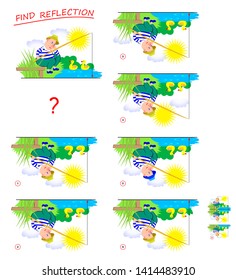 Logic puzzle game for kids. Need to find correct reflection of fisherman on the picture and draw it. Printable page for brainteaser book. Developing children spatial thinking. Vector cartoon image.