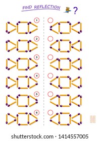 Logic puzzle game for kids. Need to find correct reflection for each set of matchsticks. Printable page for brainteaser book. Developing children spatial thinking. Vector cartoon image.