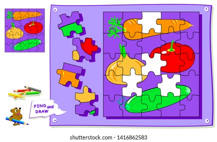 Logic puzzle game for kids. Need to find the place for each detail and paint vegetables. Worksheet for school textbook. Back to school. Development of children spatial thinking skills.