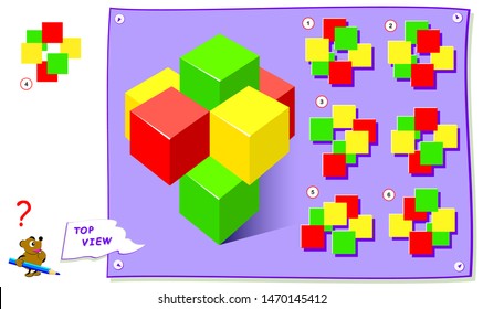 Logic puzzle game for kids. Need to find correct top view of cubes. Worksheet for school textbook. Printable page for brainteaser book. Development of children spatial thinking skills.