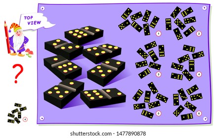 Logic puzzle game for kids. Need to find correct top view of domino blocks. Worksheet for school textbook. Printable page for brain teaser book. Development of children spatial thinking skills.