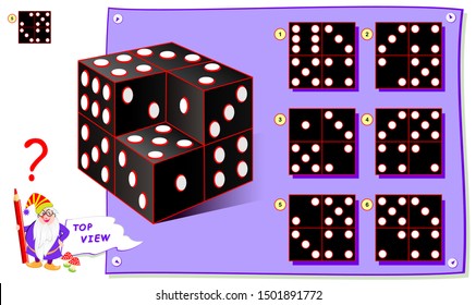 Logic puzzle game for kids. Need to find correct top view of playing dice. Worksheet for school textbook. Printable page for brain teaser book. Development of children spatial thinking skills.
