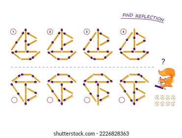 Logic puzzle game for kids. Need to find correct reflection for each set of matchsticks. Printable page for brainteaser book. Developing children spatial thinking. Vector cartoon image.