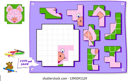 Logic puzzle game for kids on square paper. Need to find place for all details and paint image. Worksheet for school textbook. Development of children spatial thinking skills. Brainteaser book.