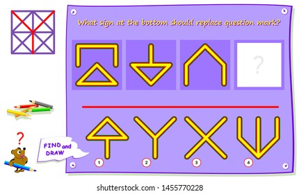 Logic puzzle game for kids. What sign at the bottom should replace question mark? Find it  and draw in empty square. Worksheet for children school textbook. Printable page for brainteaser book.