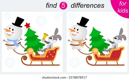 Logic puzzle game for kids. You need to find 5 differences. Christmas. The snowman is carrying a hare and a Christmas tree in a sleigh.