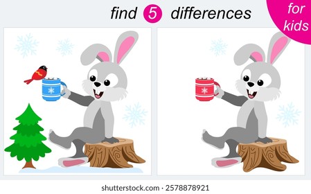 Logic puzzle game for kids. You need to find 5 differences. Christmas. The hare is sitting on a stump. 