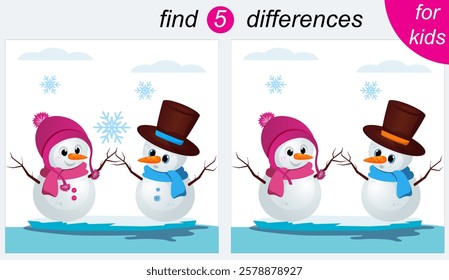 Logic puzzle game for kids. You need to find 5 differences. Christmas. Snowmen are standing on an ice floe. 