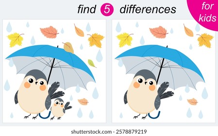 Logic puzzle game for kids. You need to find 5 differences. Autumn. A bird sits under an umbrella during leaf fall.