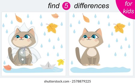 Logic puzzle game for kids. You need to find 5 differences. Autumn. A cute kitten sits near a puddle in the rain. 