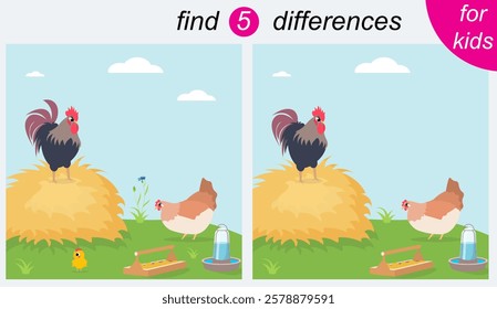 Logic puzzle game for kids. You need to find 5 differences. Farm. A rooster and a hen are standing on a green lawn. 