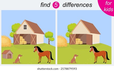 Logic puzzle game for kids. You need to find 5 differences. Farm. Dog and horse.