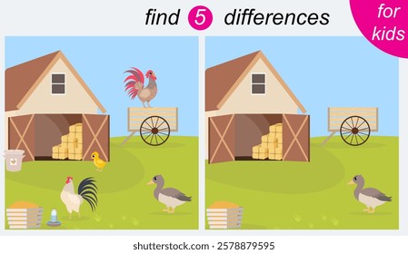 Logic puzzle game for kids. You need to find 5 differences. Farm. Rooster, hen and duck.