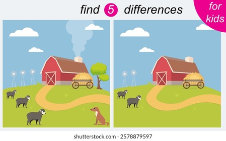 Logic puzzle game for kids. You need to find 5 differences. Farm. Sheep and dog.