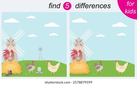 Logic puzzle game for kids. You need to find 5 differences. Farm. Rooster, hens and a mill. 