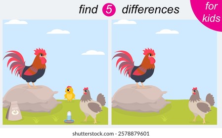 Logic puzzle game for kids. You need to find 5 differences. Farm. A rooster, a hen and a little chick.