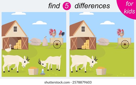 Logic puzzle game for kids. You need to find 5 differences. Farm. Goats and a rooster. 