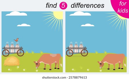 Logic puzzle game for kids. You need to find 5 differences. Farm. The cow is grazing in the meadow.