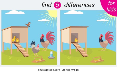 Logic puzzle game for kids. You need to find 5 differences. Farm. Hen, rooster and chicks in the hen house. 