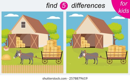 Logic puzzle game for kids. You need to find 5 differences. Farm. The donkey is pulling a cart with hay.