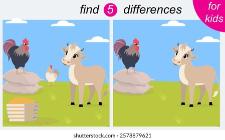 Logic puzzle game for kids. You need to find 5 differences. Farm. Calf and rooster.