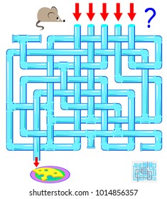 Logic puzzle game with labyrinth for children and adults. Help the mouse find the way till the cheese. Vector image.