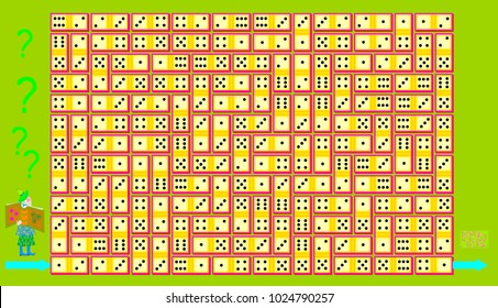 Logic puzzle game with labyrinth for children and adults. Find the way from start till end following by chain and respecting rules of dominoes. Vector image.