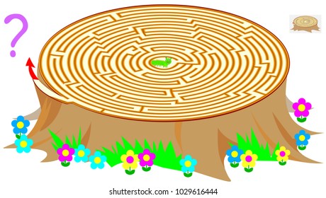 Logic puzzle game with labyrinth for children and adults. Help the worm find the way out of the stump. Vector image.